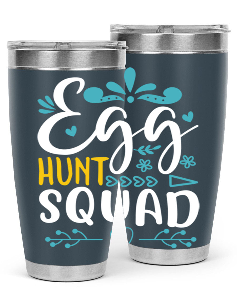 Egg Hunt Squad 93# Tumbler in vibrant colors, showcasing its double wall vacuum stainless steel design and drink-thru lid.