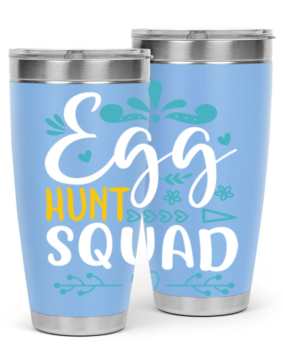 Egg Hunt Squad 93# Tumbler in vibrant colors, showcasing its double wall vacuum stainless steel design and drink-thru lid.