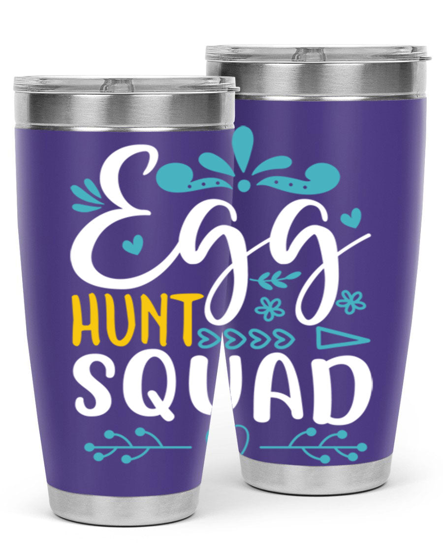 Egg Hunt Squad 93# Tumbler in vibrant colors, showcasing its double wall vacuum stainless steel design and drink-thru lid.