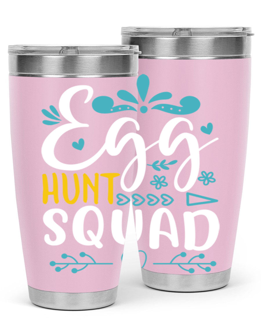Egg Hunt Squad 93# Tumbler in vibrant colors, showcasing its double wall vacuum stainless steel design and drink-thru lid.