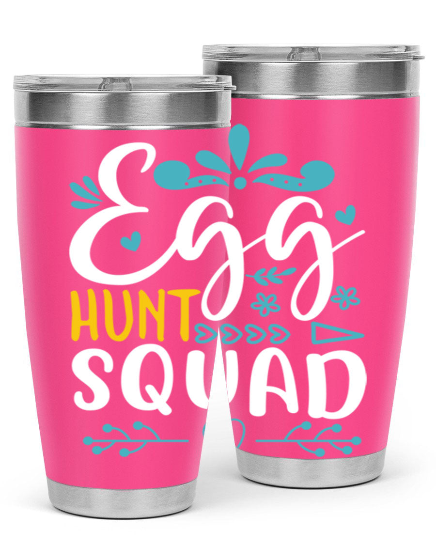 Egg Hunt Squad 93# Tumbler in vibrant colors, showcasing its double wall vacuum stainless steel design and drink-thru lid.