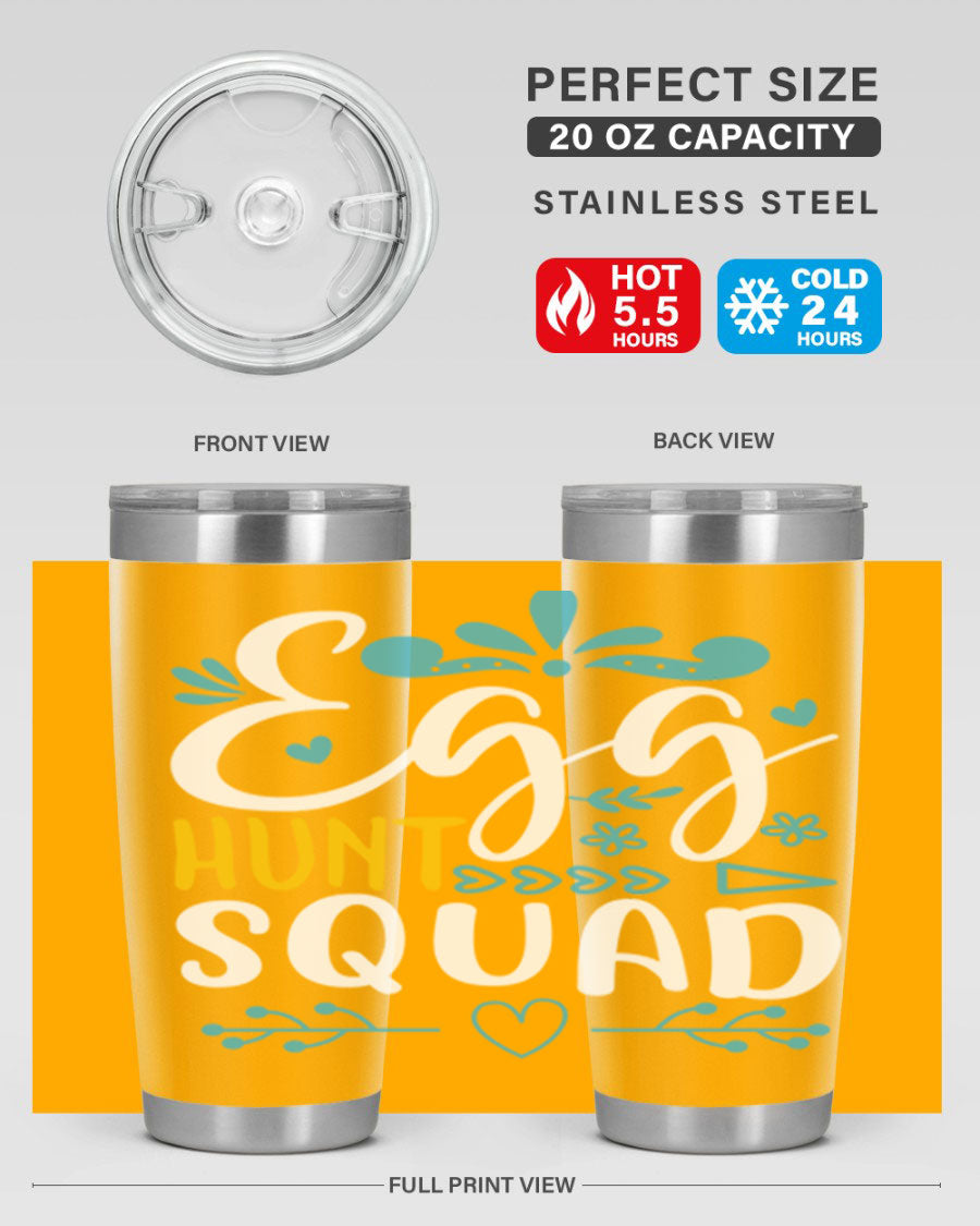 Egg Hunt Squad 93# Tumbler in vibrant colors, showcasing its double wall vacuum stainless steel design and drink-thru lid.