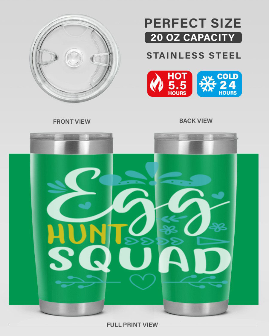 Egg Hunt Squad 93# Tumbler in vibrant colors, showcasing its double wall vacuum stainless steel design and drink-thru lid.