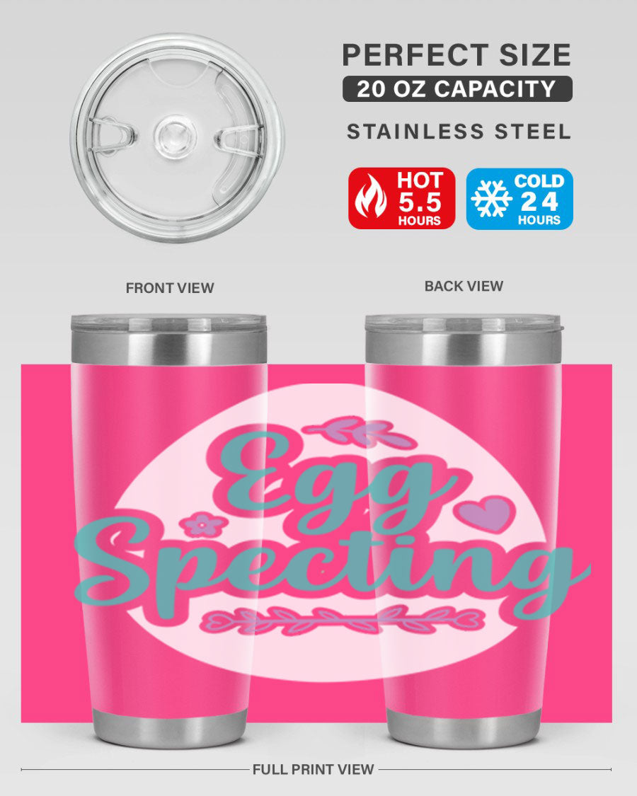 A colorful egg spectinggggg 84# Easter Tumbler featuring double wall vacuum insulation, perfect for hot and cold beverages.