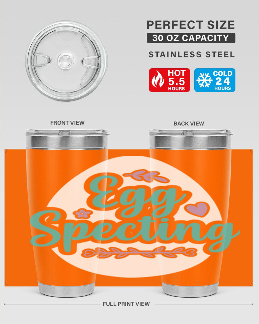 A colorful egg spectinggggg 84# Easter Tumbler featuring double wall vacuum insulation, perfect for hot and cold beverages.