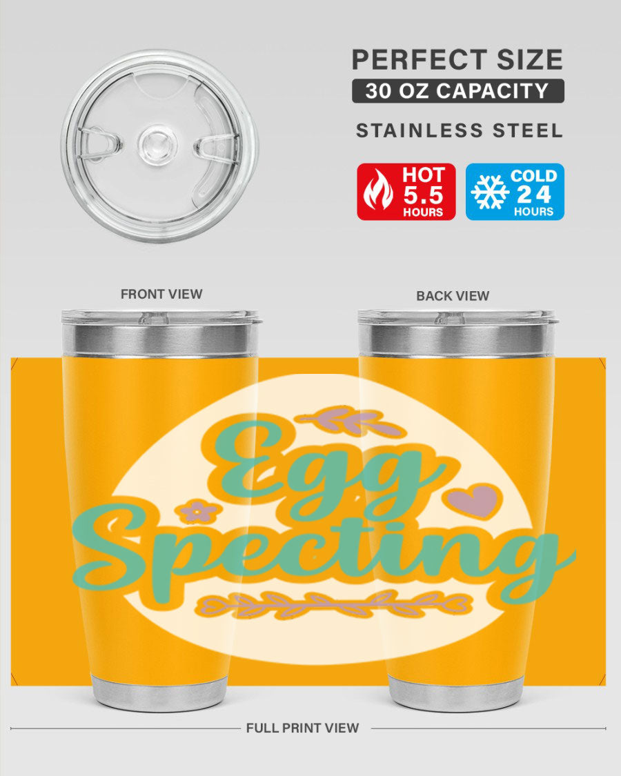 A colorful egg spectinggggg 84# Easter Tumbler featuring double wall vacuum insulation, perfect for hot and cold beverages.