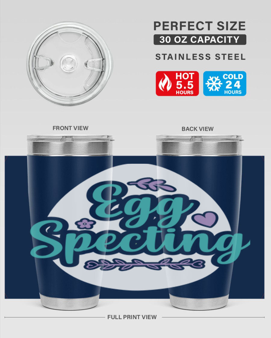 A colorful egg spectinggggg 84# Easter Tumbler featuring double wall vacuum insulation, perfect for hot and cold beverages.