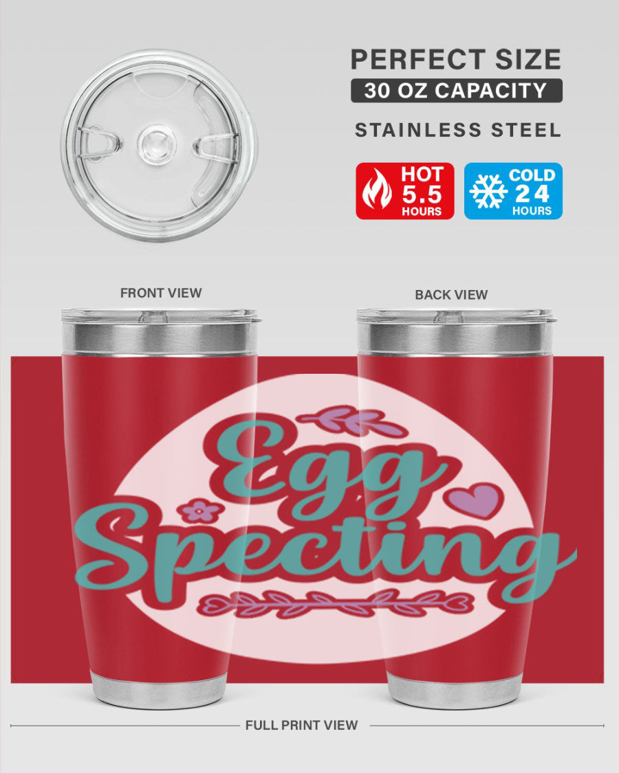 A colorful egg spectinggggg 84# Easter Tumbler featuring double wall vacuum insulation, perfect for hot and cold beverages.