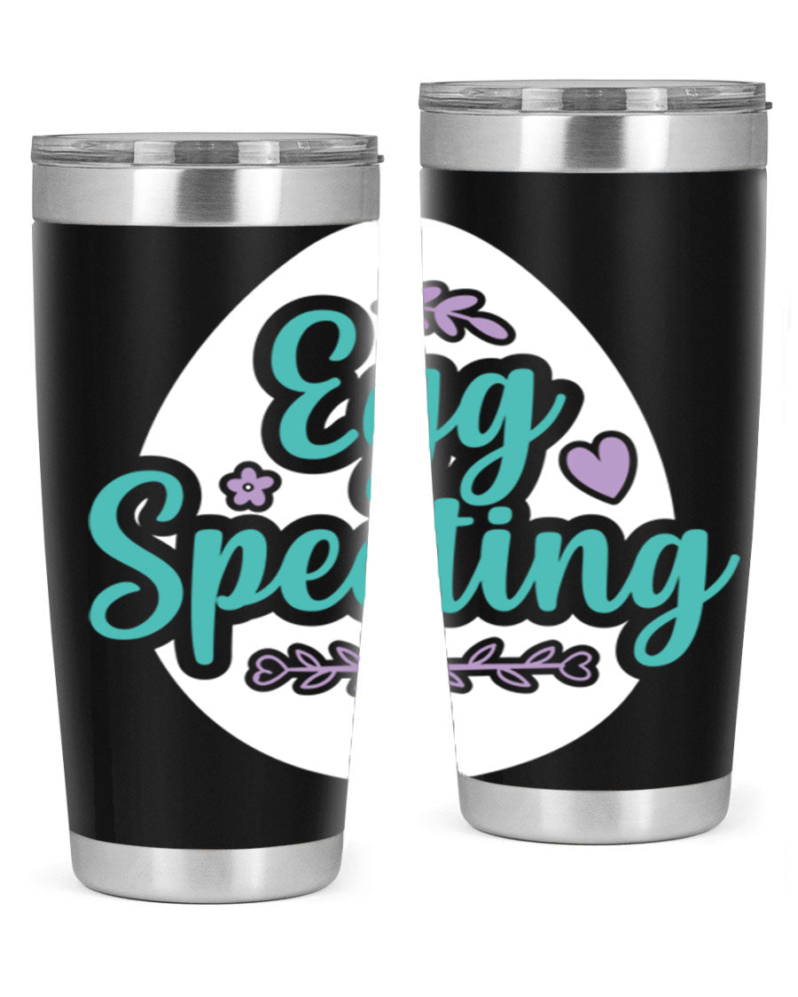 A colorful egg spectinggggg 84# Easter Tumbler featuring double wall vacuum insulation, perfect for hot and cold beverages.