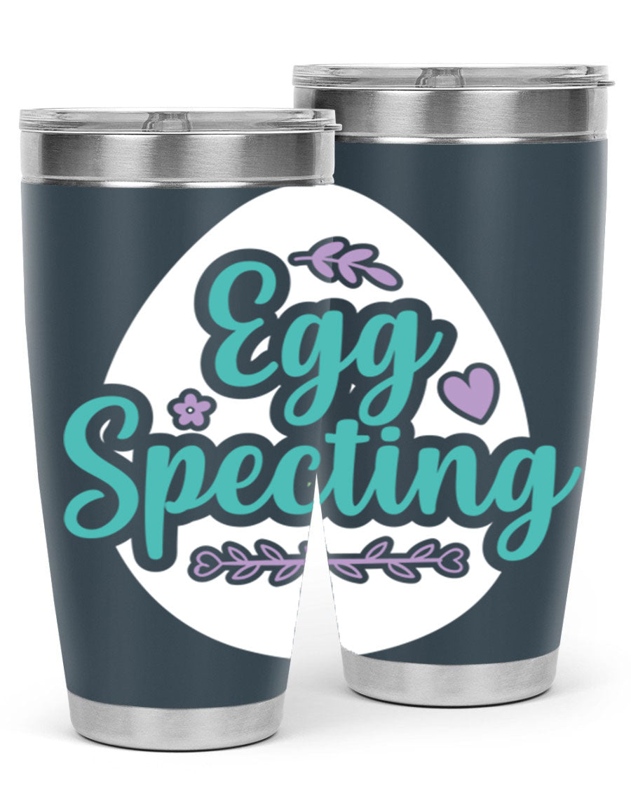 A colorful egg spectinggggg 84# Easter Tumbler featuring double wall vacuum insulation, perfect for hot and cold beverages.