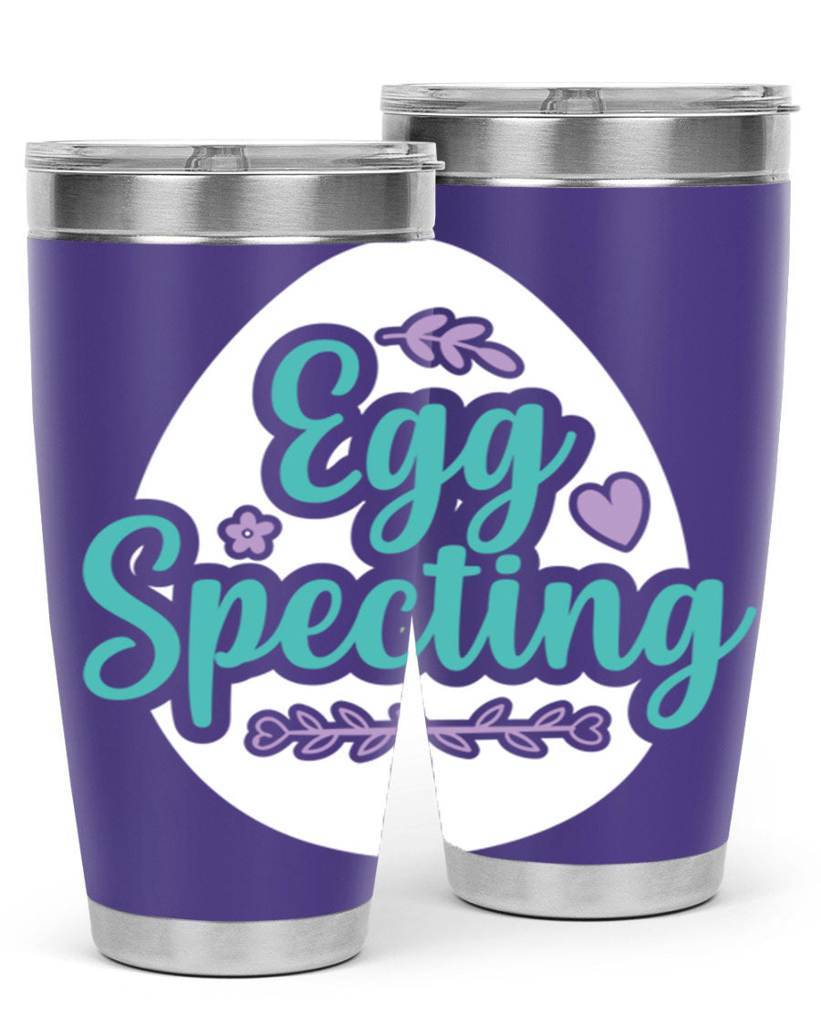 A colorful egg spectinggggg 84# Easter Tumbler featuring double wall vacuum insulation, perfect for hot and cold beverages.