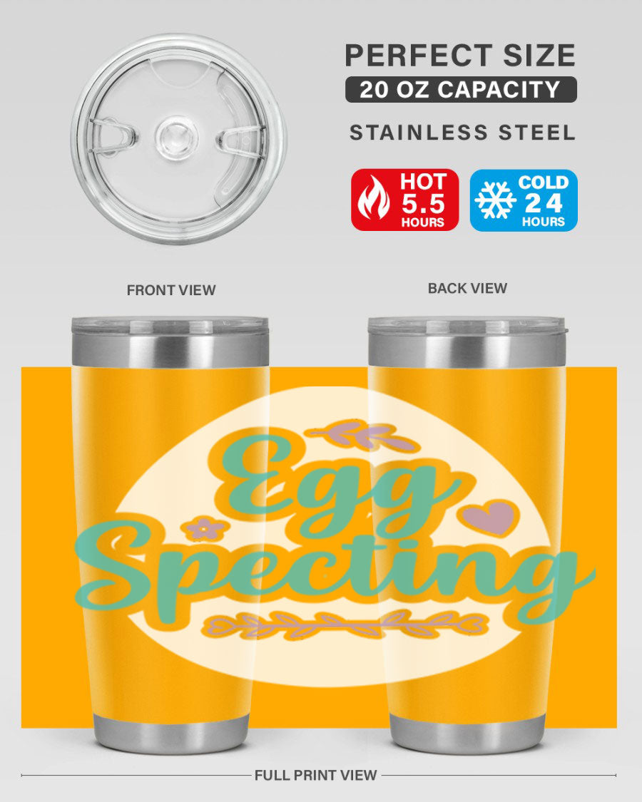 A colorful egg spectinggggg 84# Easter Tumbler featuring double wall vacuum insulation, perfect for hot and cold beverages.