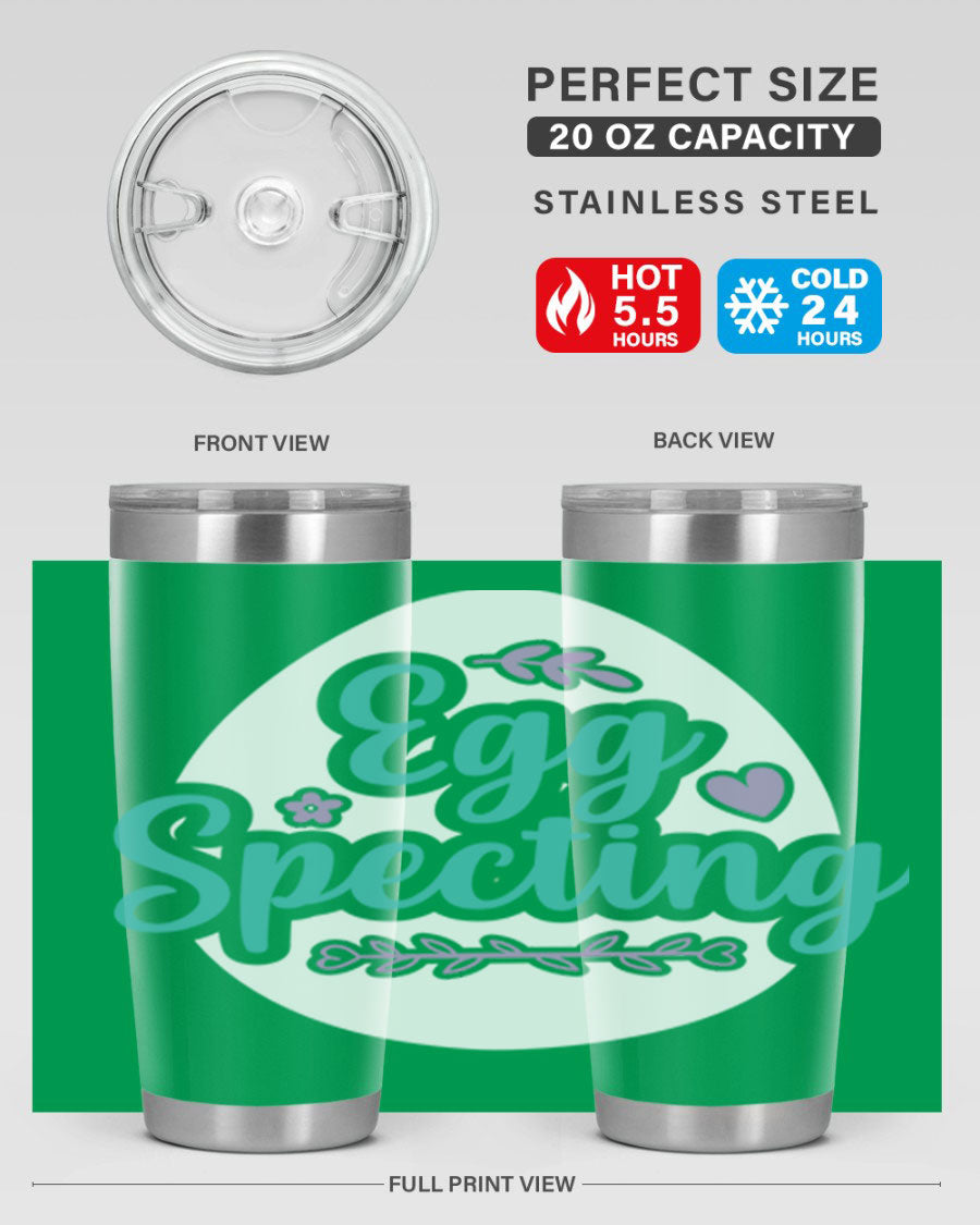A colorful egg spectinggggg 84# Easter Tumbler featuring double wall vacuum insulation, perfect for hot and cold beverages.