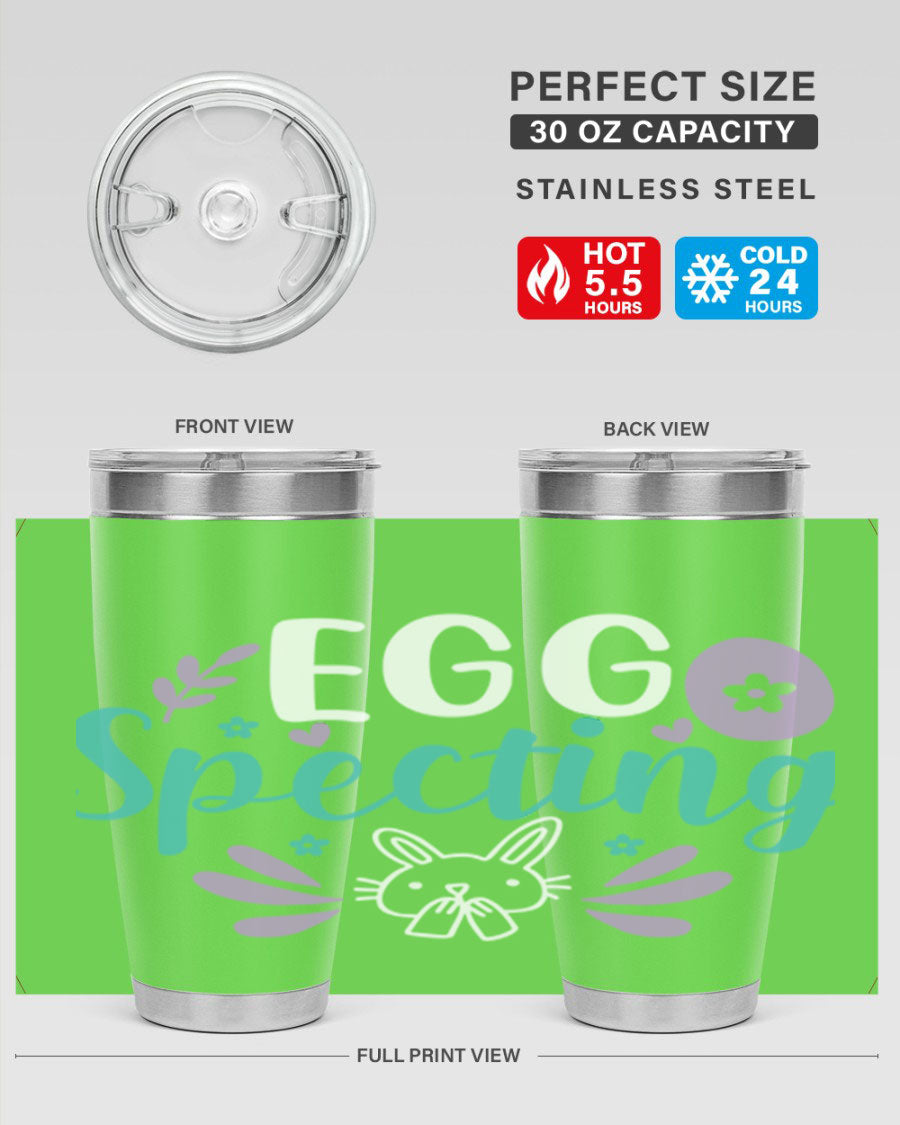 egg spectingg 87# Easter Tumbler in 20oz and 30oz sizes, showcasing double wall stainless steel design with vibrant Easter-themed print.