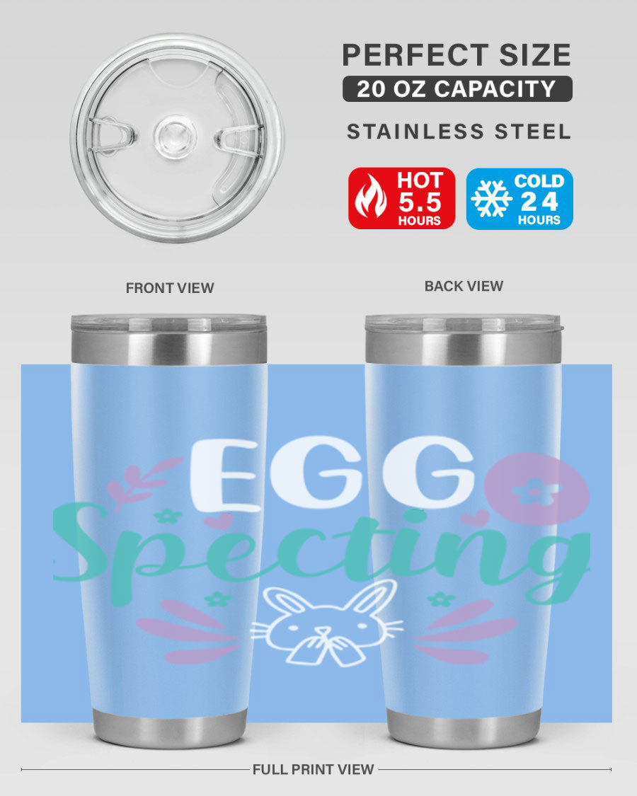 egg spectingg 87# Easter Tumbler in 20oz and 30oz sizes, showcasing double wall stainless steel design with vibrant Easter-themed print.