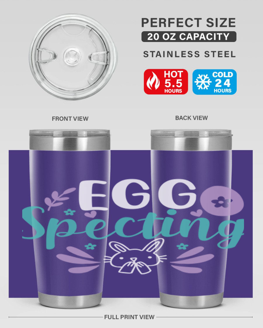egg spectingg 87# Easter Tumbler in 20oz and 30oz sizes, showcasing double wall stainless steel design with vibrant Easter-themed print.