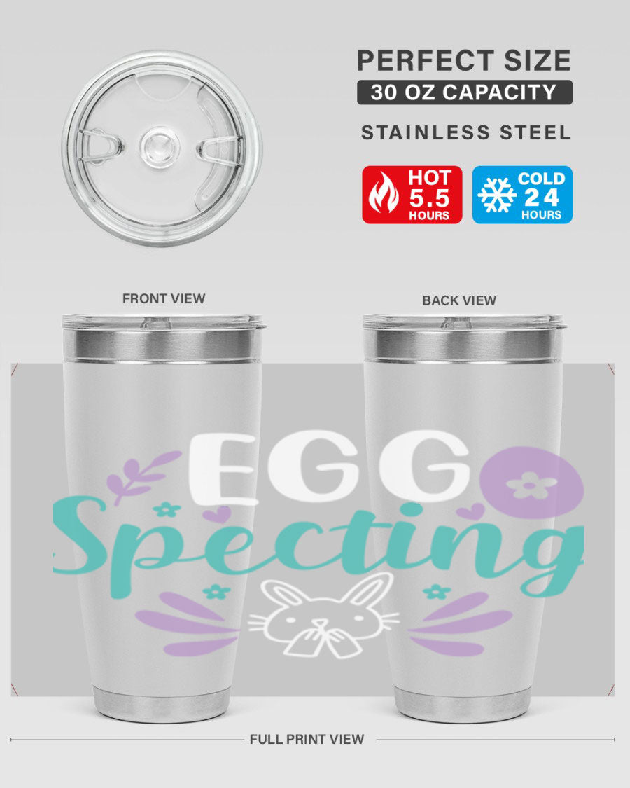 egg spectingg 87# Easter Tumbler in 20oz and 30oz sizes, showcasing double wall stainless steel design with vibrant Easter-themed print.