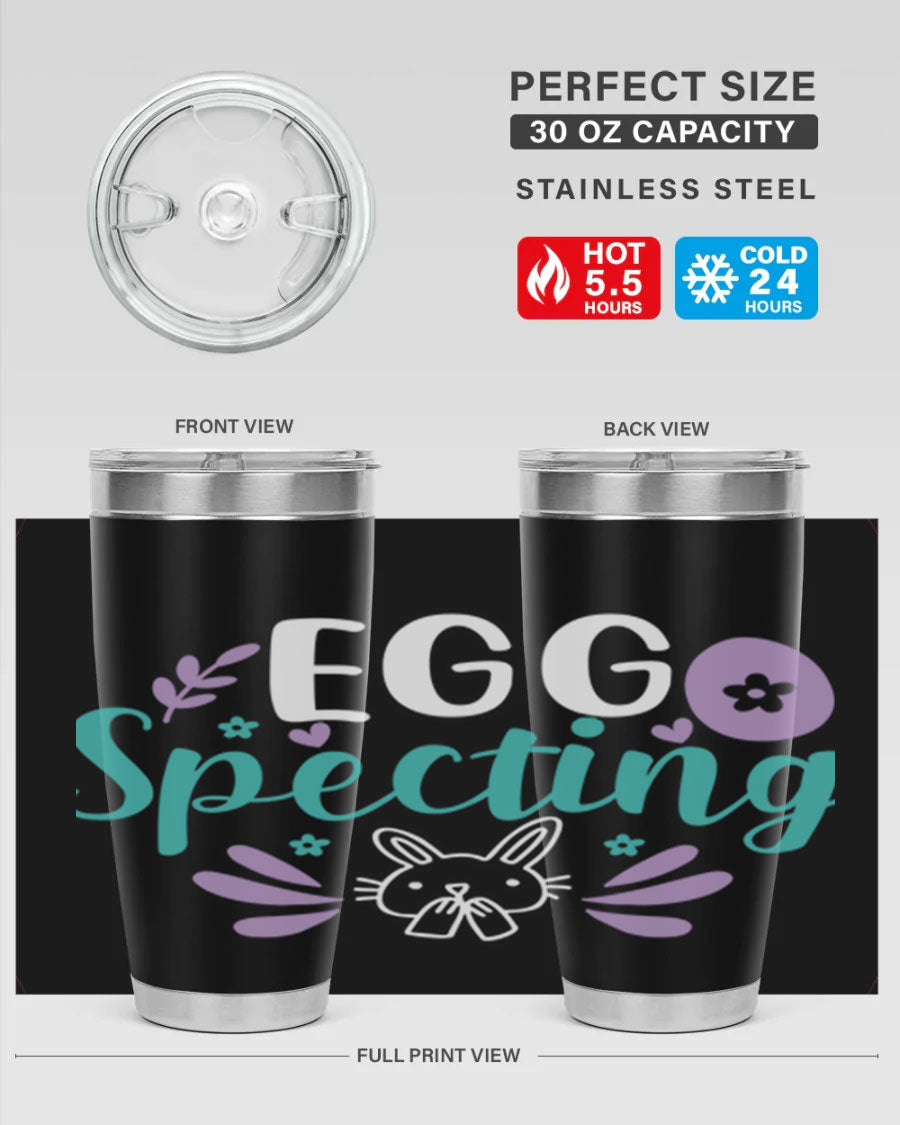 egg spectingg 87# Easter Tumbler in 20oz and 30oz sizes, showcasing double wall stainless steel design with vibrant Easter-themed print.