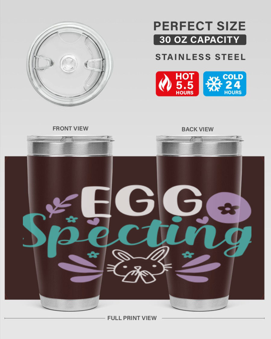 egg spectingg 87# Easter Tumbler in 20oz and 30oz sizes, showcasing double wall stainless steel design with vibrant Easter-themed print.