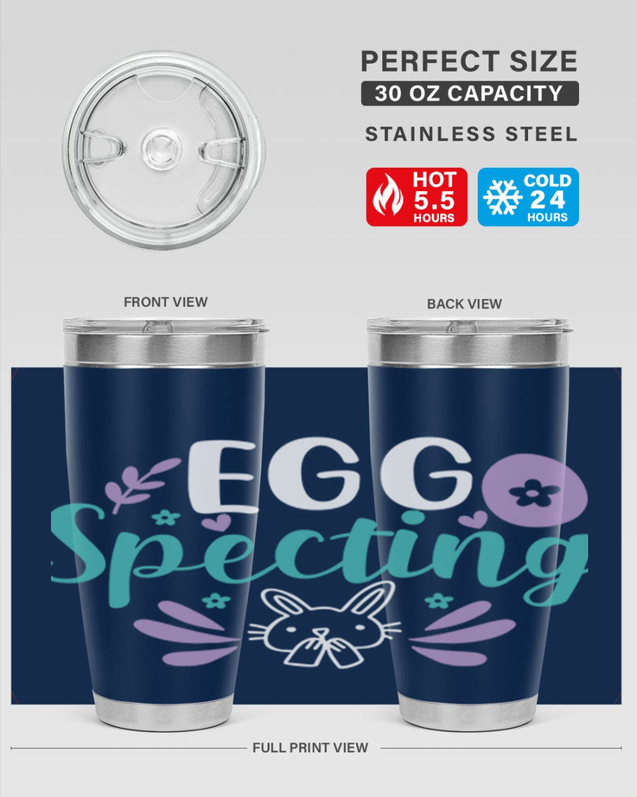 egg spectingg 87# Easter Tumbler in 20oz and 30oz sizes, showcasing double wall stainless steel design with vibrant Easter-themed print.