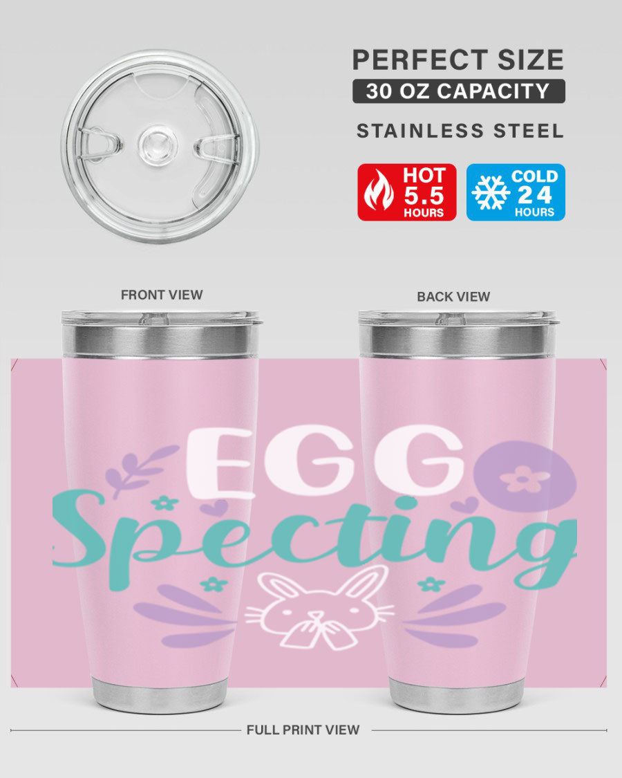 egg spectingg 87# Easter Tumbler in 20oz and 30oz sizes, showcasing double wall stainless steel design with vibrant Easter-themed print.