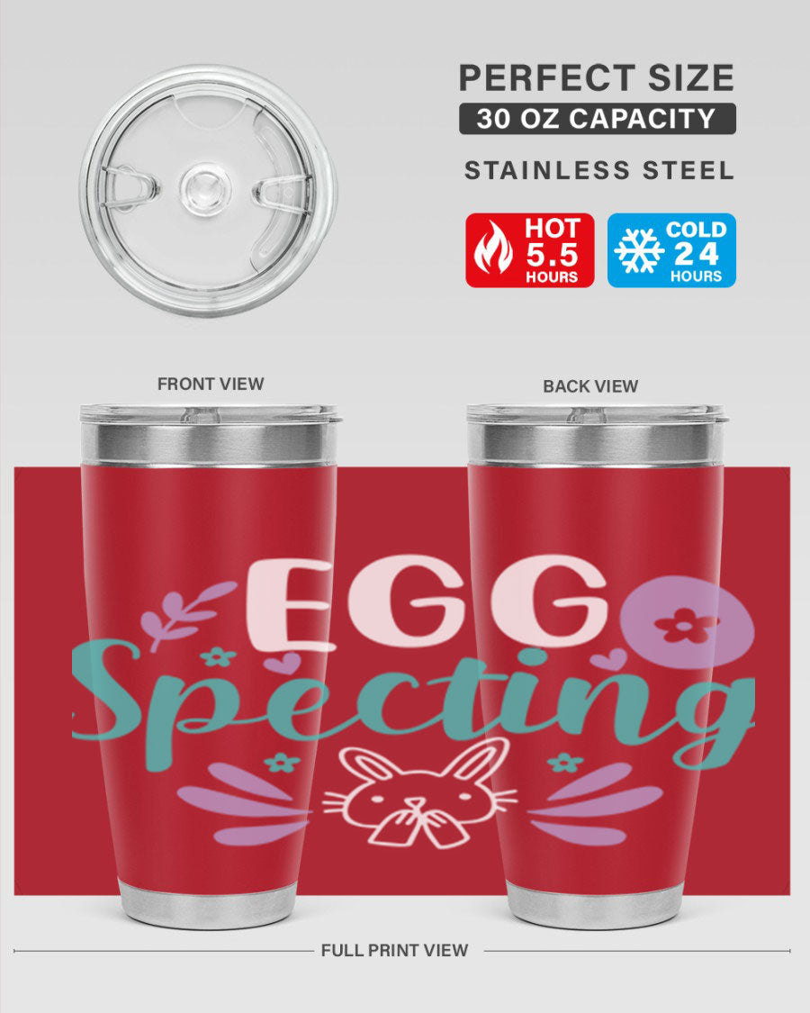 egg spectingg 87# Easter Tumbler in 20oz and 30oz sizes, showcasing double wall stainless steel design with vibrant Easter-themed print.
