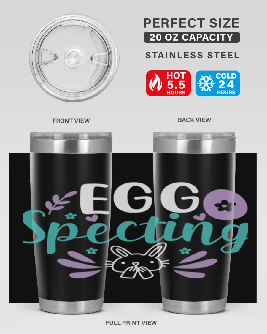 egg spectingg 87# Easter Tumbler in 20oz and 30oz sizes, showcasing double wall stainless steel design with vibrant Easter-themed print.