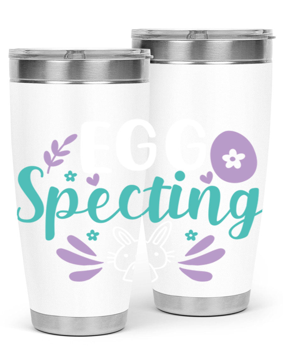 egg spectingg 87# Easter Tumbler in 20oz and 30oz sizes, showcasing double wall stainless steel design with vibrant Easter-themed print.