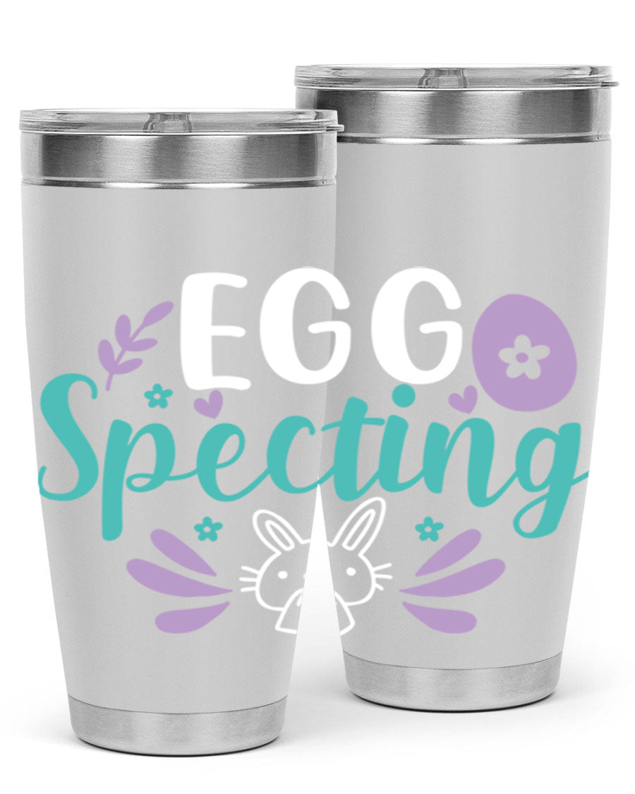 egg spectingg 87# Easter Tumbler in 20oz and 30oz sizes, showcasing double wall stainless steel design with vibrant Easter-themed print.