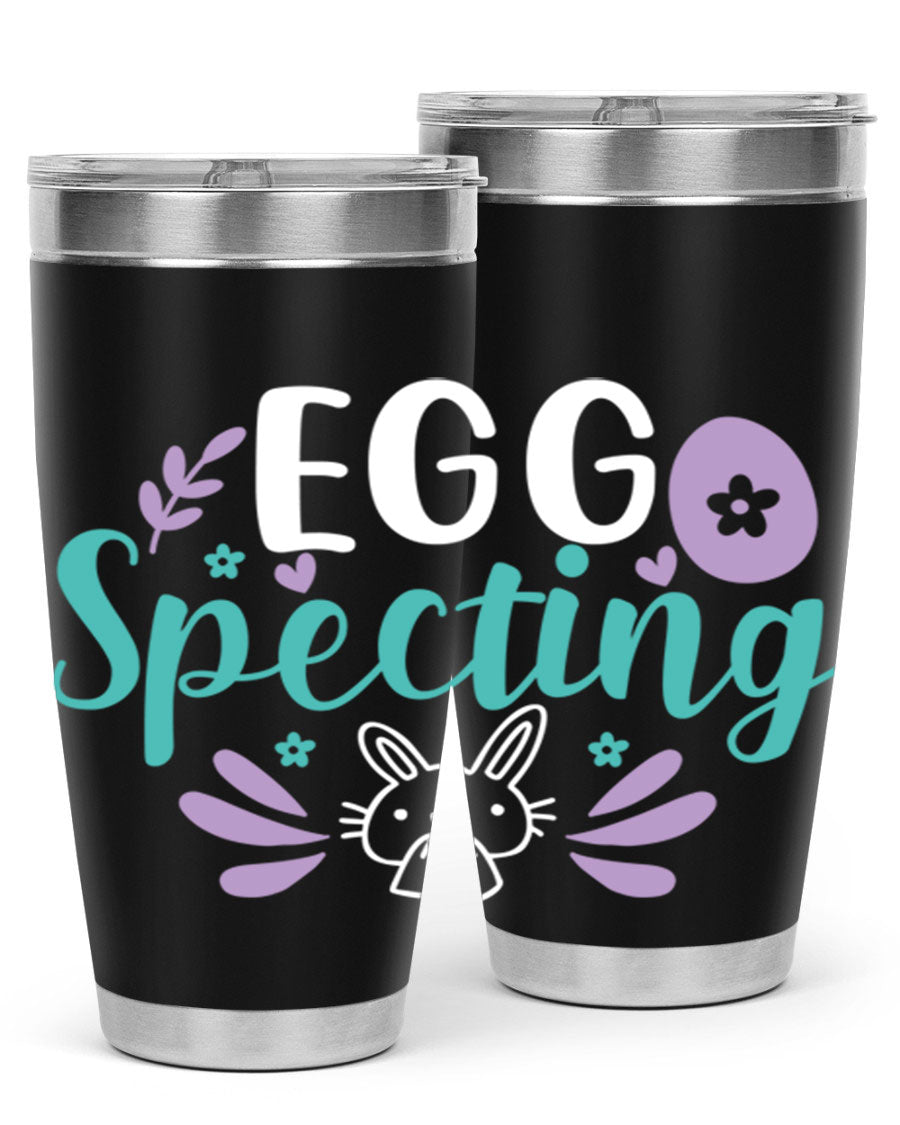 egg spectingg 87# Easter Tumbler in 20oz and 30oz sizes, showcasing double wall stainless steel design with vibrant Easter-themed print.