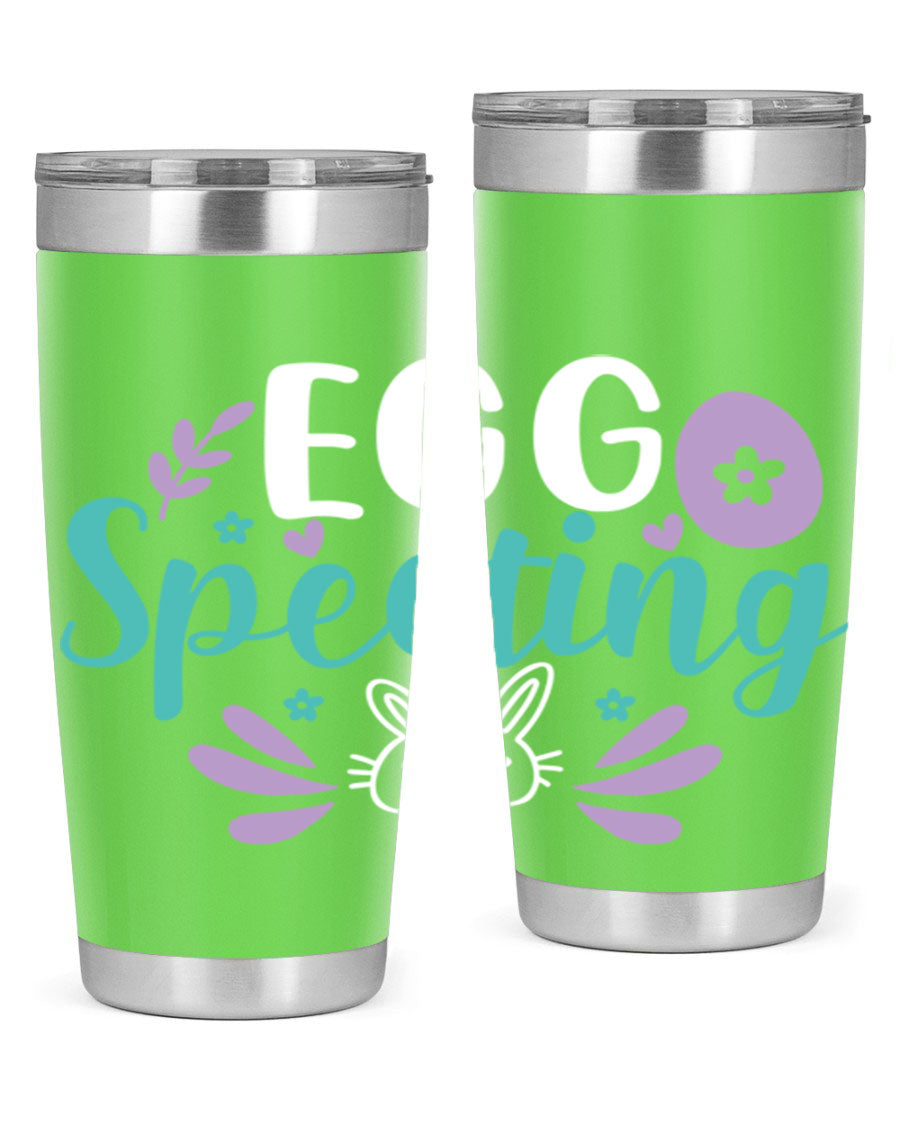 egg spectingg 87# Easter Tumbler in 20oz and 30oz sizes, showcasing double wall stainless steel design with vibrant Easter-themed print.