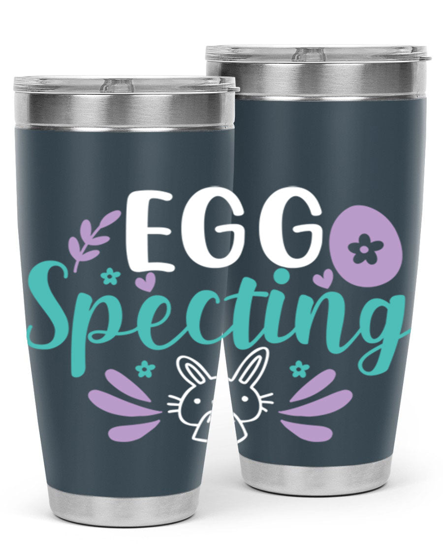 egg spectingg 87# Easter Tumbler in 20oz and 30oz sizes, showcasing double wall stainless steel design with vibrant Easter-themed print.