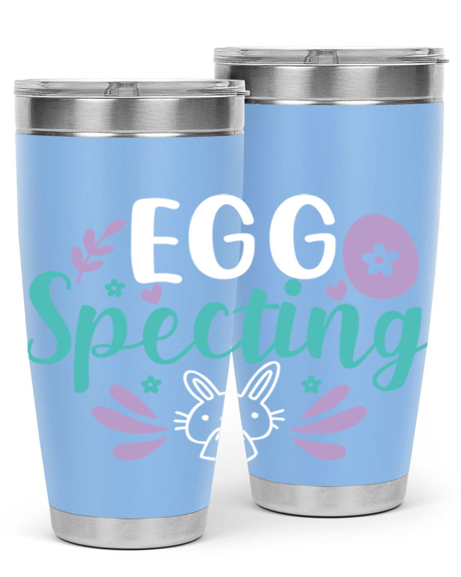 egg spectingg 87# Easter Tumbler in 20oz and 30oz sizes, showcasing double wall stainless steel design with vibrant Easter-themed print.