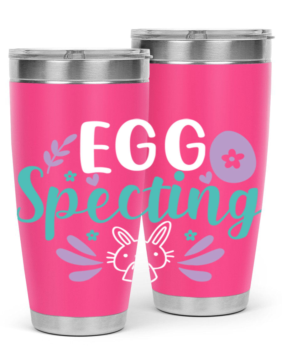 egg spectingg 87# Easter Tumbler in 20oz and 30oz sizes, showcasing double wall stainless steel design with vibrant Easter-themed print.