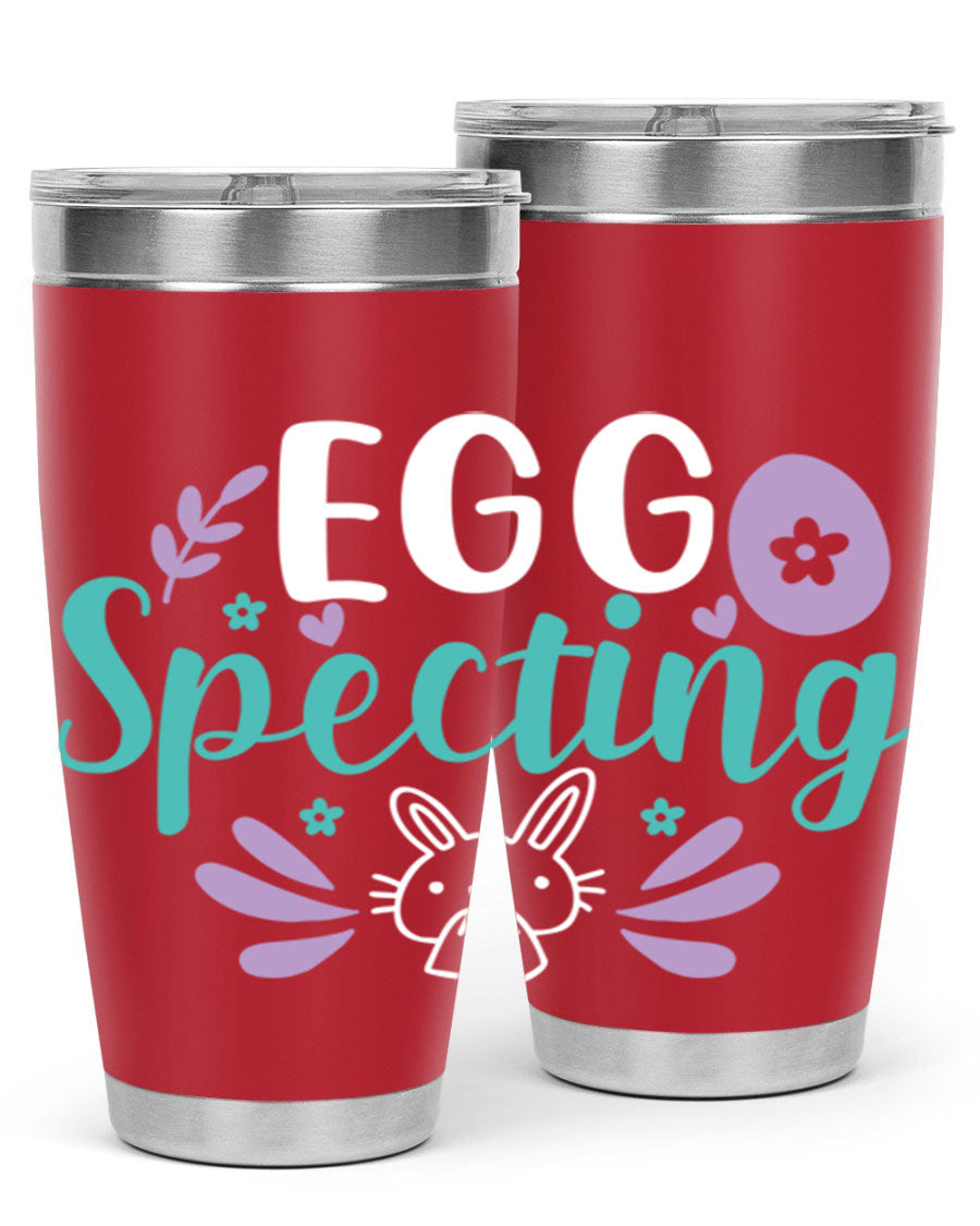 egg spectingg 87# Easter Tumbler in 20oz and 30oz sizes, showcasing double wall stainless steel design with vibrant Easter-themed print.
