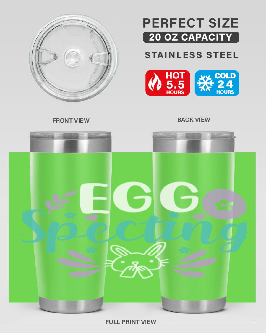 egg spectingg 87# Easter Tumbler in 20oz and 30oz sizes, showcasing double wall stainless steel design with vibrant Easter-themed print.