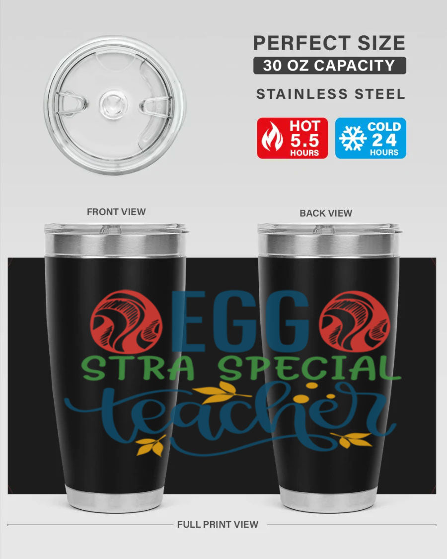 Egg Stra Special Teacher Tumbler in stainless steel with a stylish design, featuring a press-in lid and double wall vacuum insulation.