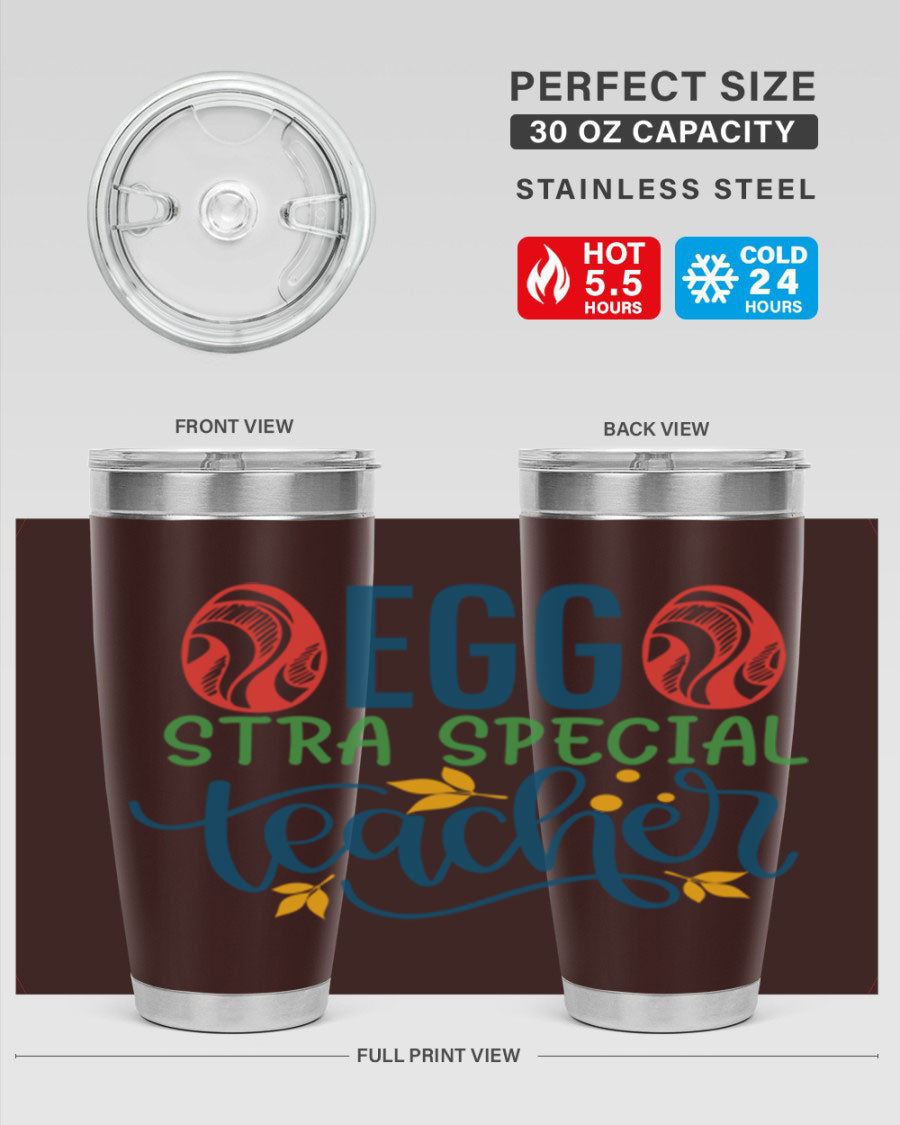 Egg Stra Special Teacher Tumbler in stainless steel with a stylish design, featuring a press-in lid and double wall vacuum insulation.