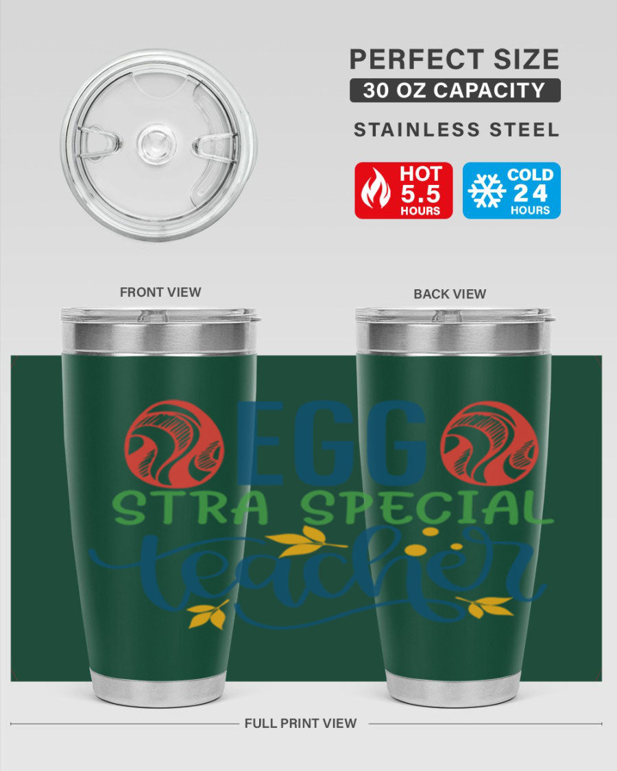 Egg Stra Special Teacher Tumbler in stainless steel with a stylish design, featuring a press-in lid and double wall vacuum insulation.