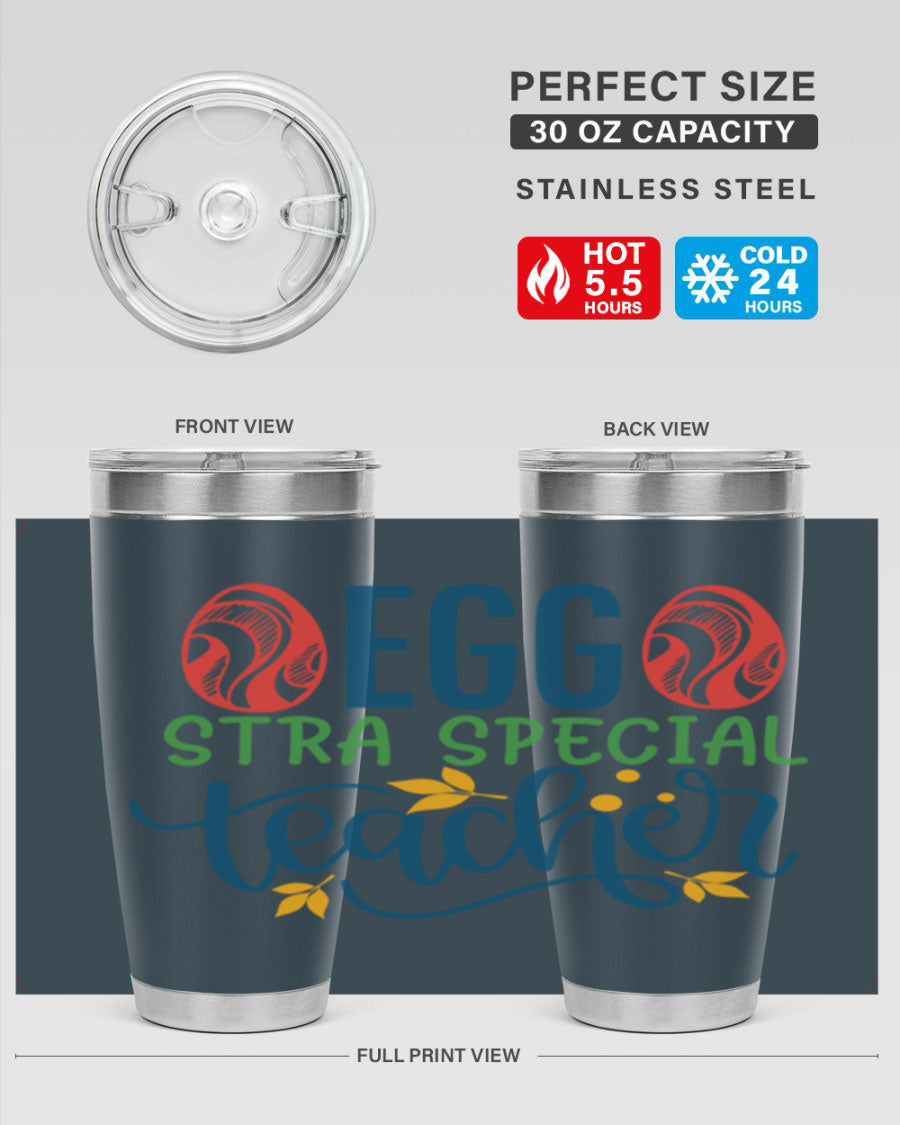 Egg Stra Special Teacher Tumbler in stainless steel with a stylish design, featuring a press-in lid and double wall vacuum insulation.