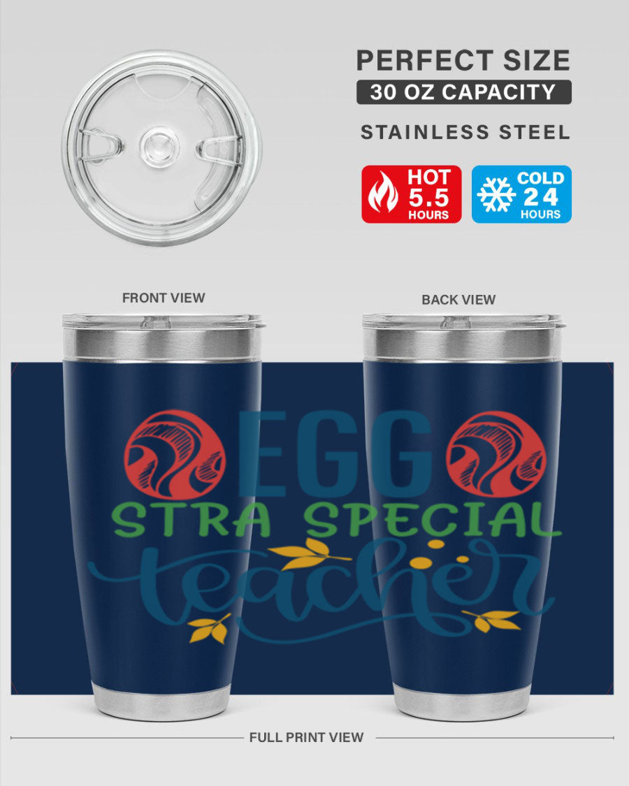 Egg Stra Special Teacher Tumbler in stainless steel with a stylish design, featuring a press-in lid and double wall vacuum insulation.