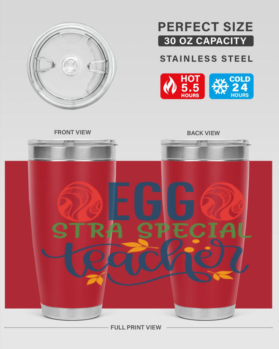 Egg Stra Special Teacher Tumbler in stainless steel with a stylish design, featuring a press-in lid and double wall vacuum insulation.
