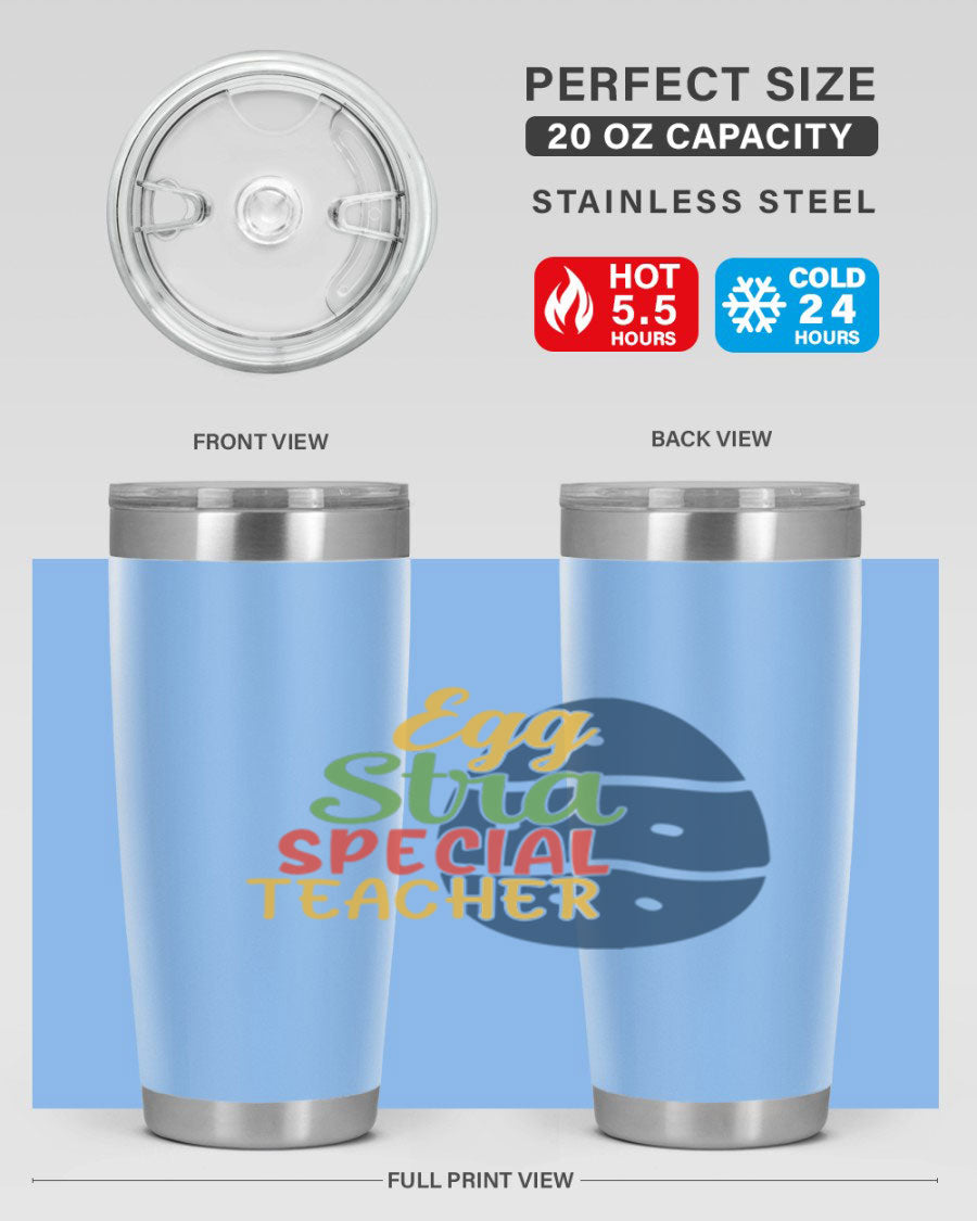 Egg Stra Special Teacher Tumbler in 20oz and 30oz sizes, showcasing double wall vacuum stainless steel design with a drink-thru lid.