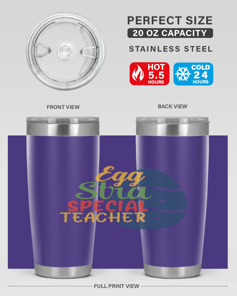 Egg Stra Special Teacher Tumbler in 20oz and 30oz sizes, showcasing double wall vacuum stainless steel design with a drink-thru lid.
