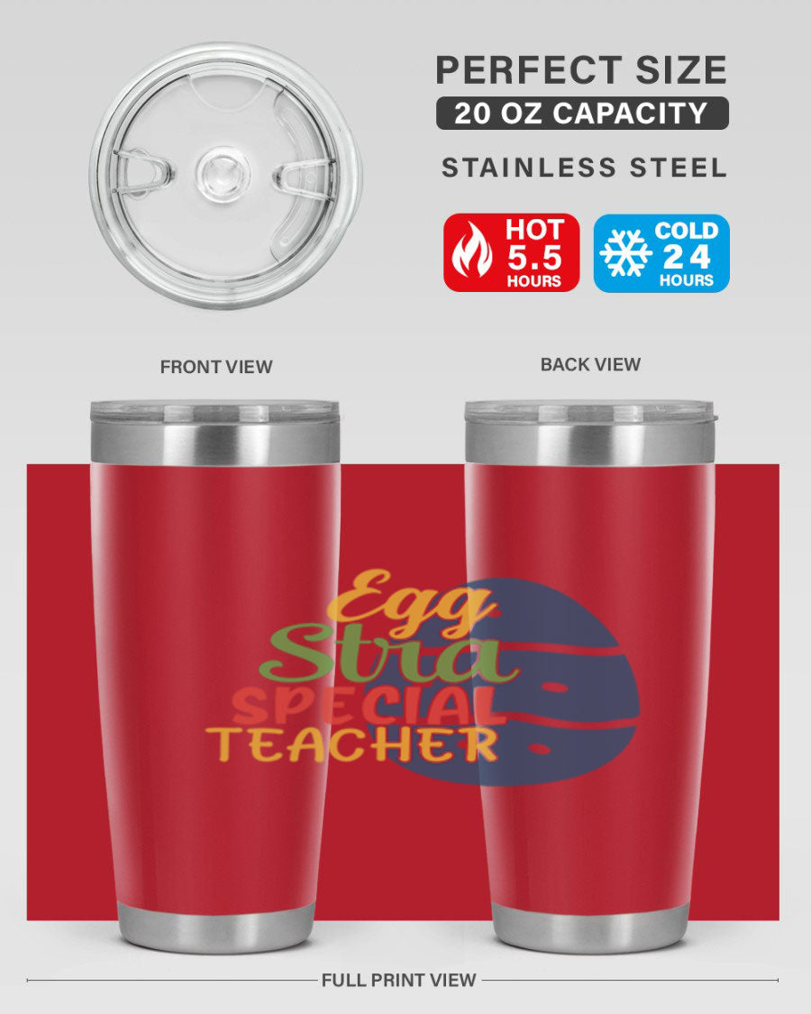 Egg Stra Special Teacher Tumbler in 20oz and 30oz sizes, showcasing double wall vacuum stainless steel design with a drink-thru lid.