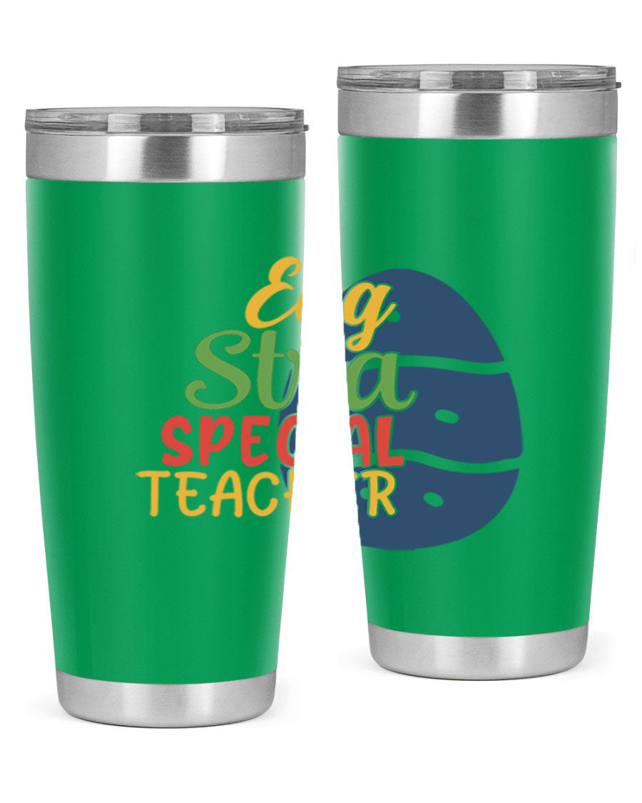 Egg Stra Special Teacher Tumbler in 20oz and 30oz sizes, showcasing double wall vacuum stainless steel design with a drink-thru lid.