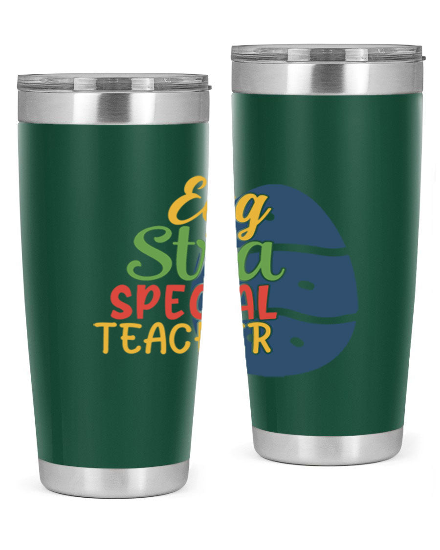 Egg Stra Special Teacher Tumbler in 20oz and 30oz sizes, showcasing double wall vacuum stainless steel design with a drink-thru lid.