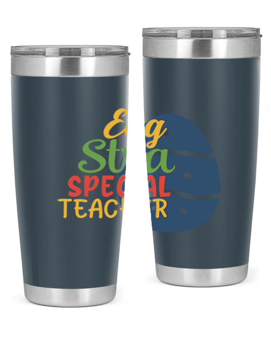 Egg Stra Special Teacher Tumbler in 20oz and 30oz sizes, showcasing double wall vacuum stainless steel design with a drink-thru lid.