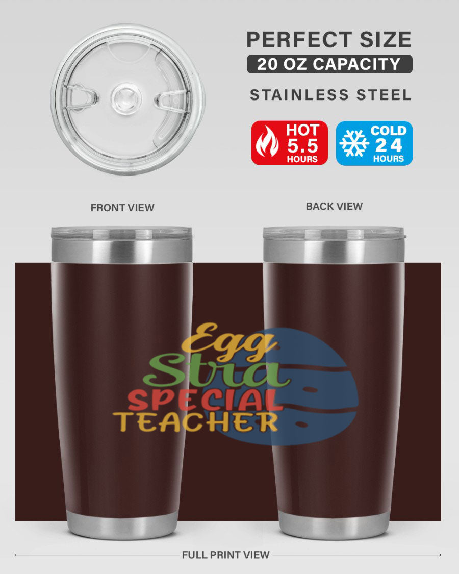 Egg Stra Special Teacher Tumbler in 20oz and 30oz sizes, showcasing double wall vacuum stainless steel design with a drink-thru lid.