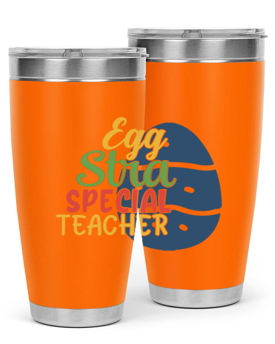 Egg Stra Special Teacher Tumbler in 20oz and 30oz sizes, showcasing double wall vacuum stainless steel design with a drink-thru lid.